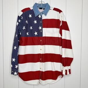 VTG American Flag Button Up Shirt Denim Collar Ralph Lauren Style USA by Quizz